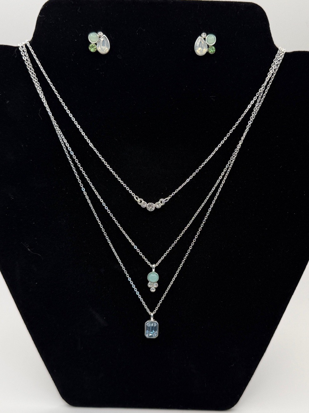 LC Lauren Conrad Silver Blue Crystal 3 Strand Necklace & Earrings Set